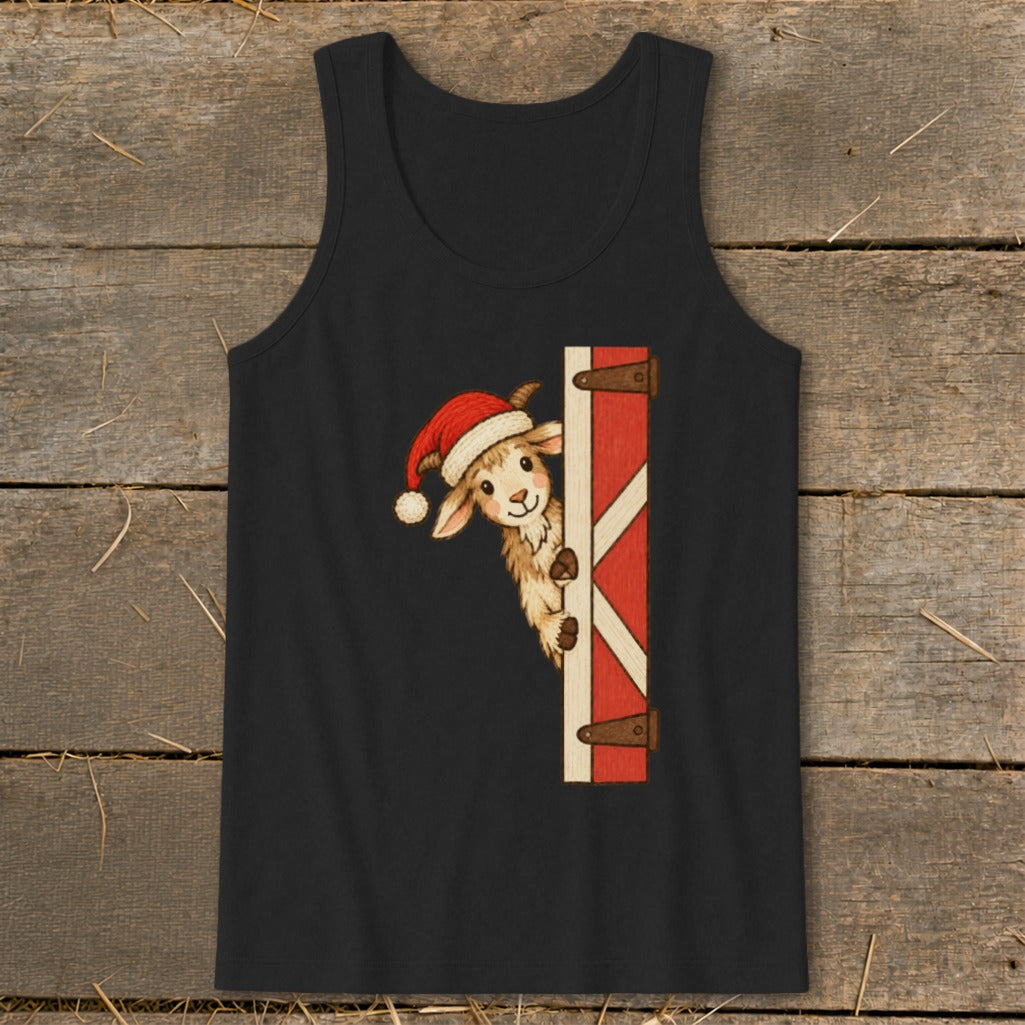 Black tank top with a cartoon goat wearing a Santa hat peeking from behind a red barn door.