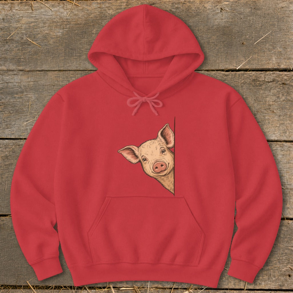 Red hoodie with a drawing of a pig peeking from the side.