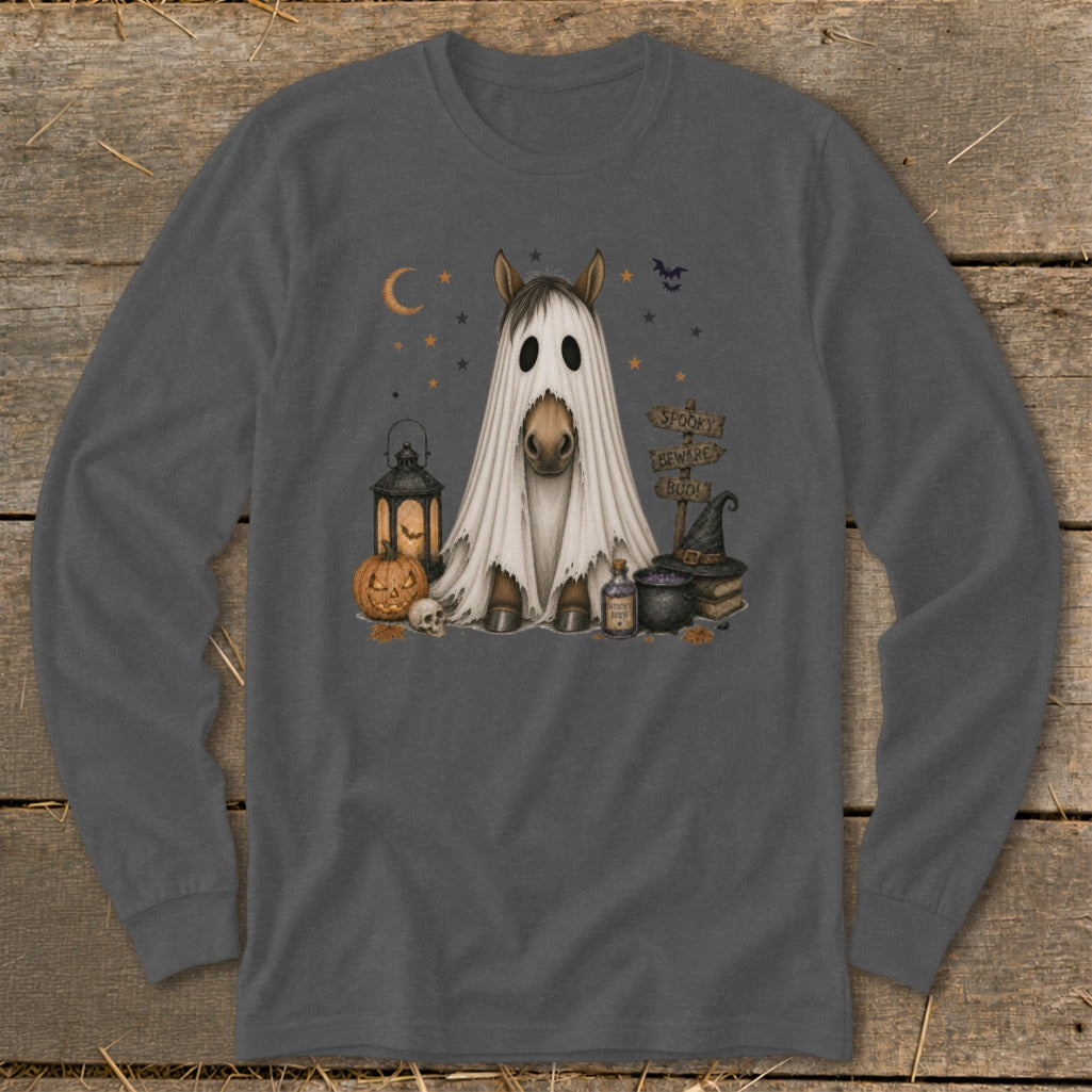 Horse wearing a ghost costume with Halloween decorations and "Spooky Beware Boo!" sign.