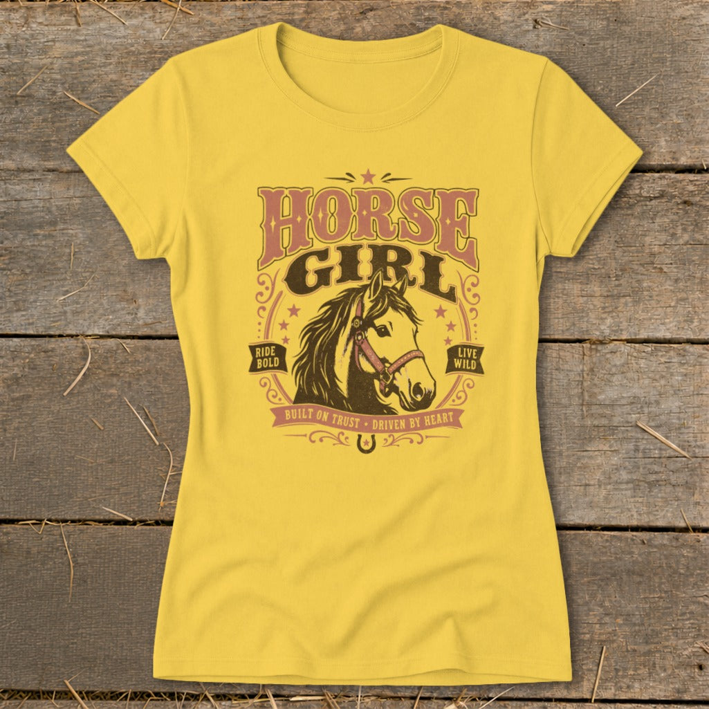 Yellow t-shirt with "Horse Girl" text and a horse illustration.