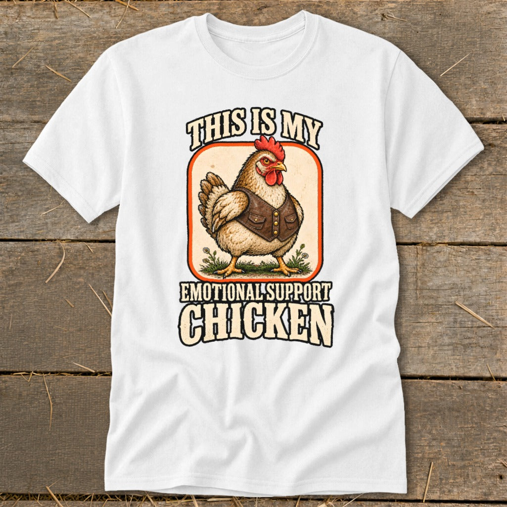 Chicken wearing a vest with text "THIS IS MY EMOTIONAL SUPPORT CHICKEN".