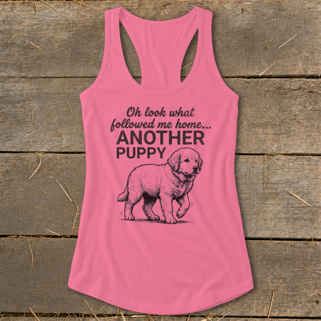 Pink tank top with "Another Puppy" text and drawing of a puppy.