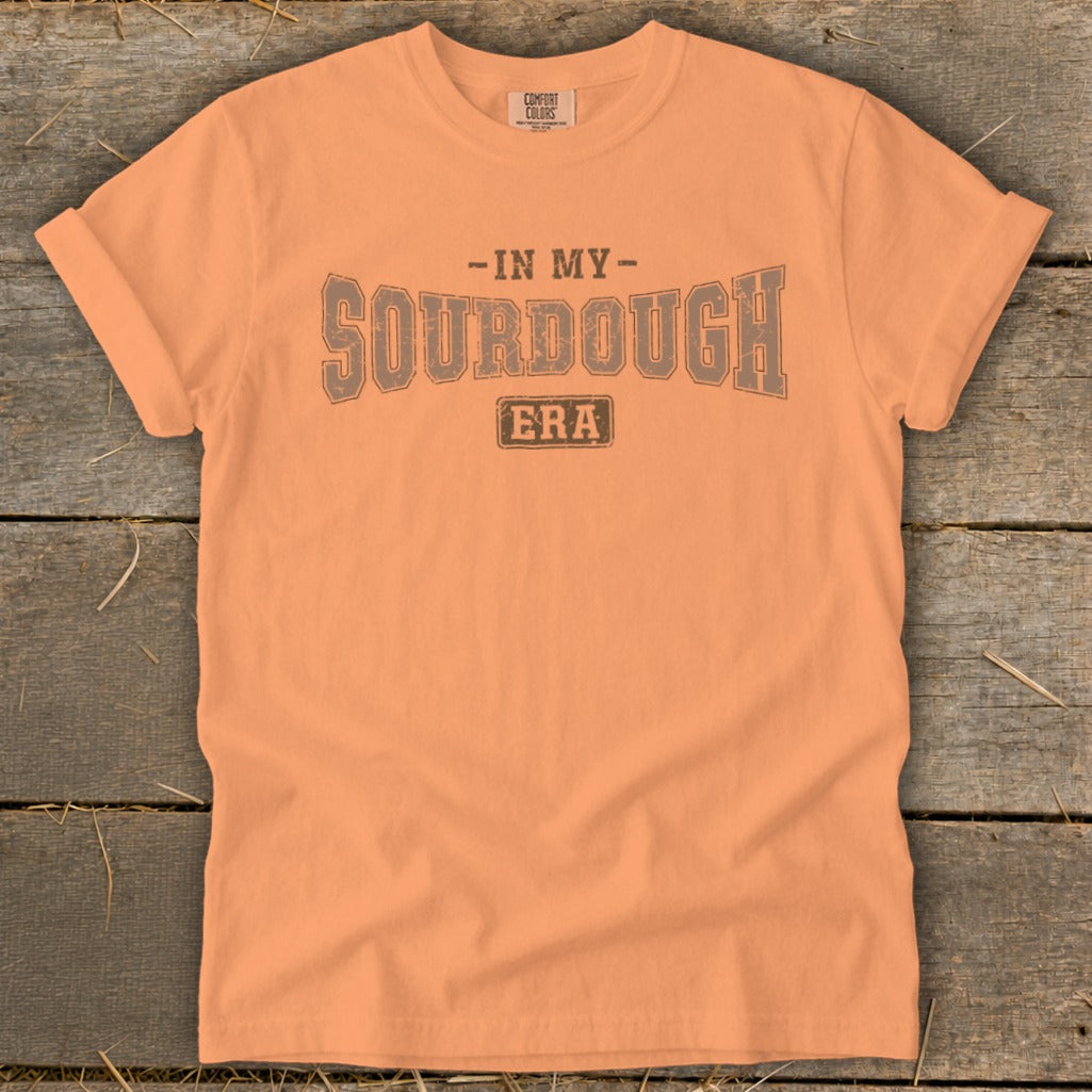 Peach t-shirt with "In My Sourdough Era" graphic design.