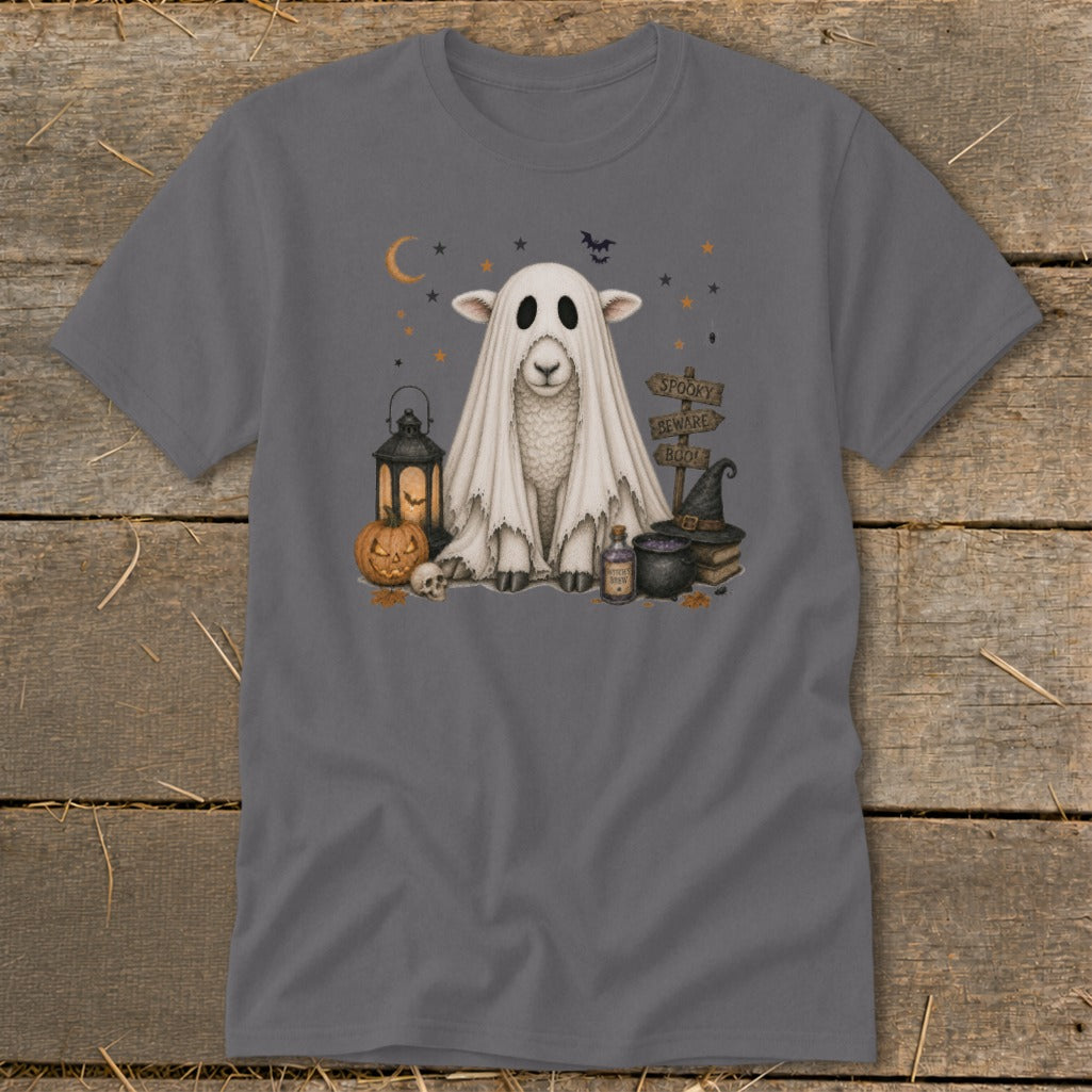 Sheep dressed as a ghost surrounded by Halloween decorations and signs.