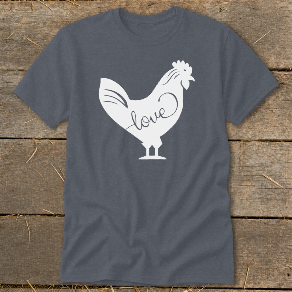 Dark grey t-shirt with a white stylized rooster graphic and the word "love".