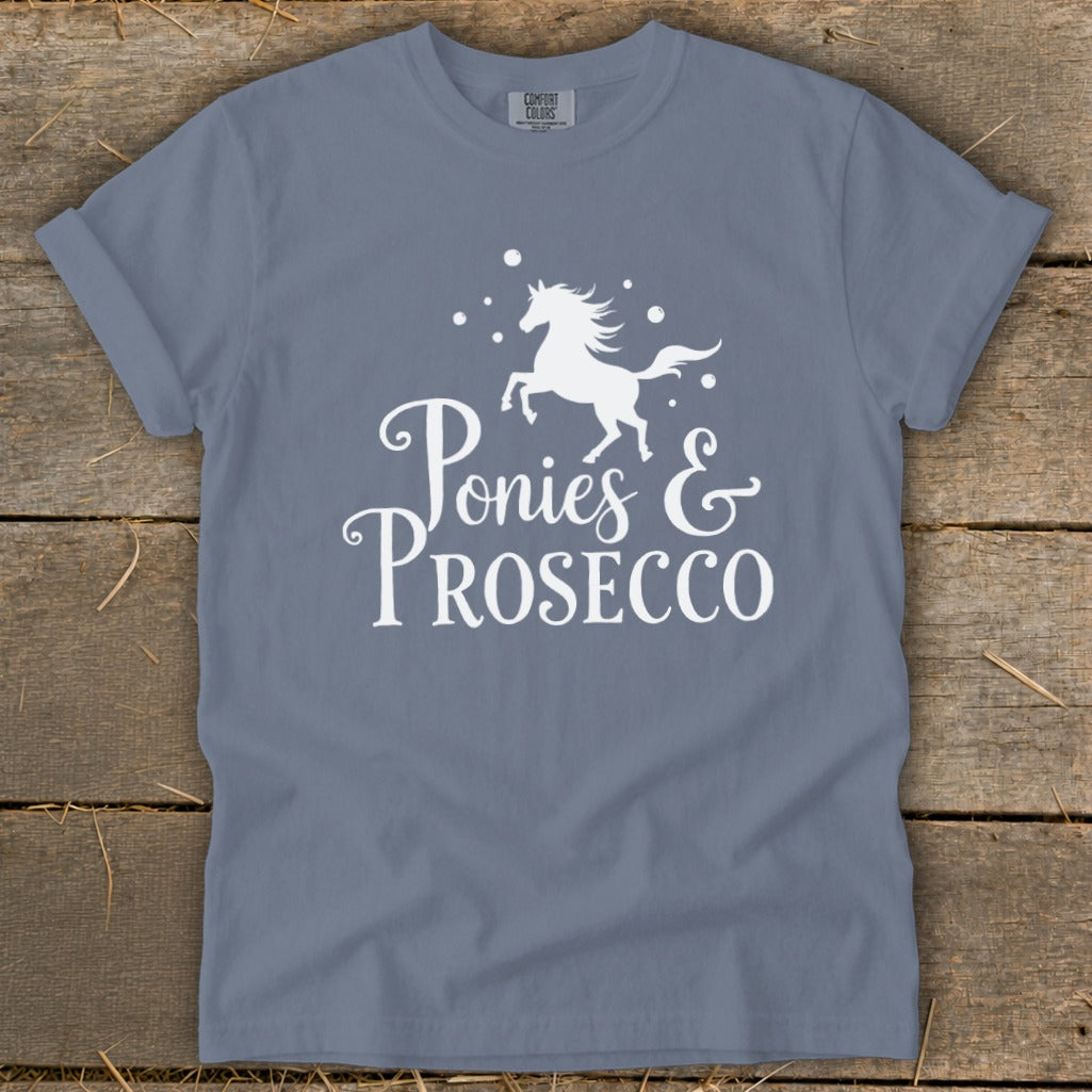 Grey t-shirt with white graphic of a prancing horse and "Ponies & Prosecco" text.