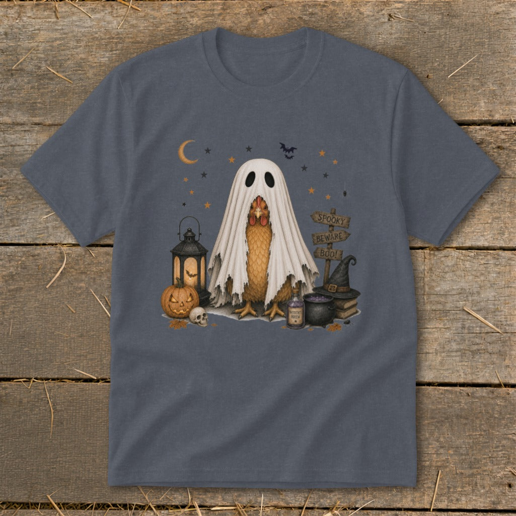 Chicken in ghost costume with Halloween decor and "Spooky Beware Boo!" sign.