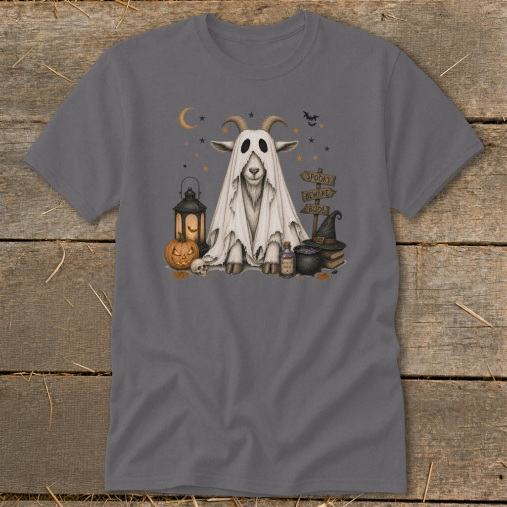 Goat dressed as a ghost with Halloween decorations and a "Spooky Beware Boo!" sign.