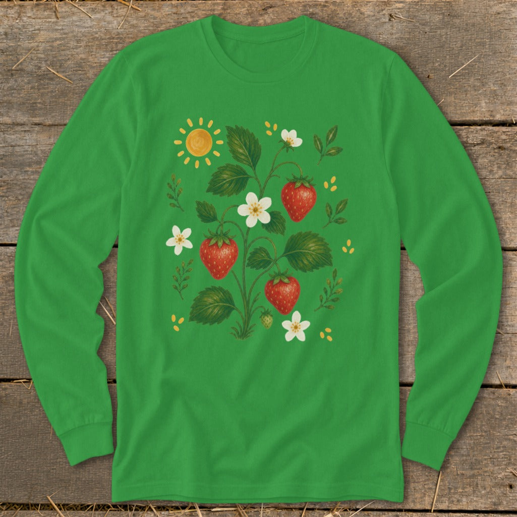 Green long-sleeve shirt with a strawberry plant, sun, and white flowers graphic.