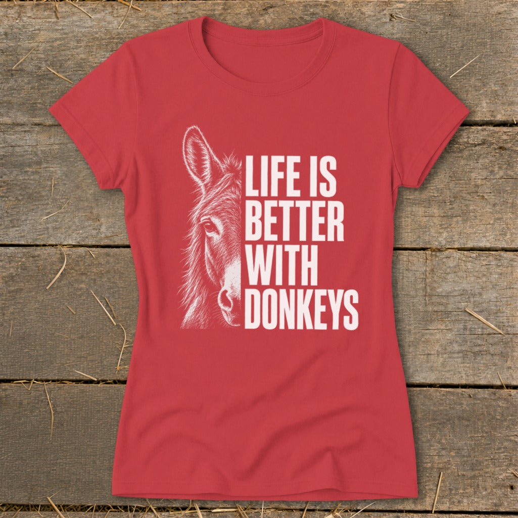 Red t-shirt with white text and donkey illustration: "Life is better with donkeys."
