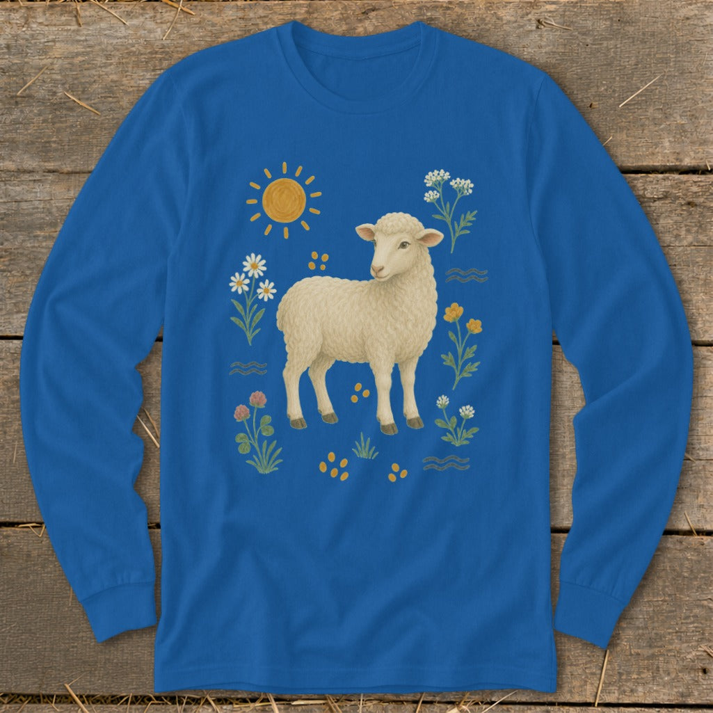 Blue long-sleeve shirt featuring a cream sheep surrounded by flowers and a sun.