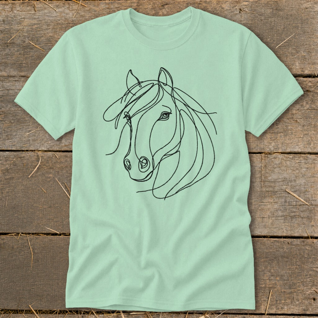 Light mint t-shirt with a black single-line horse head design.