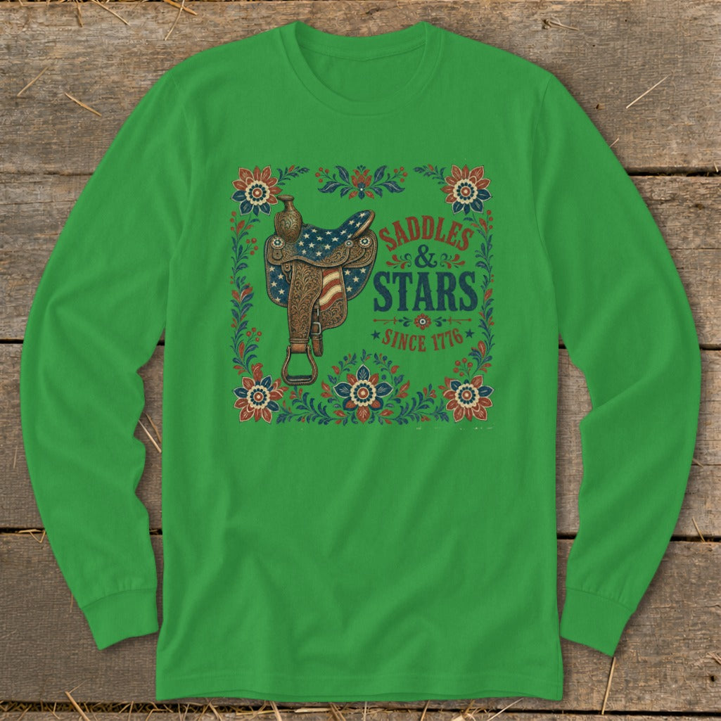 Green long-sleeve shirt with saddle and text: Saddles & Stars Since 1776.