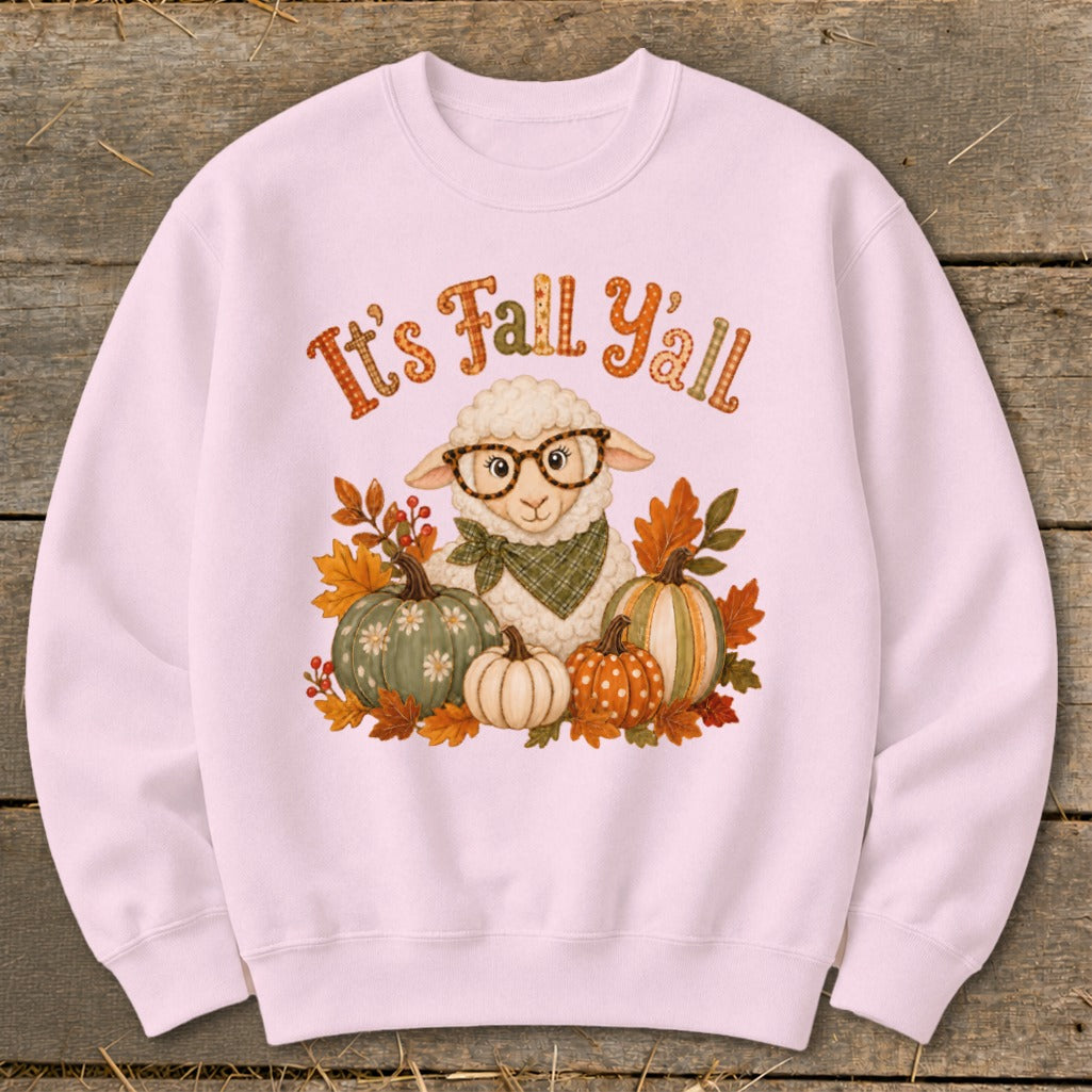 Pink sweatshirt with sheep graphic and "It's Fall Y'all" text.