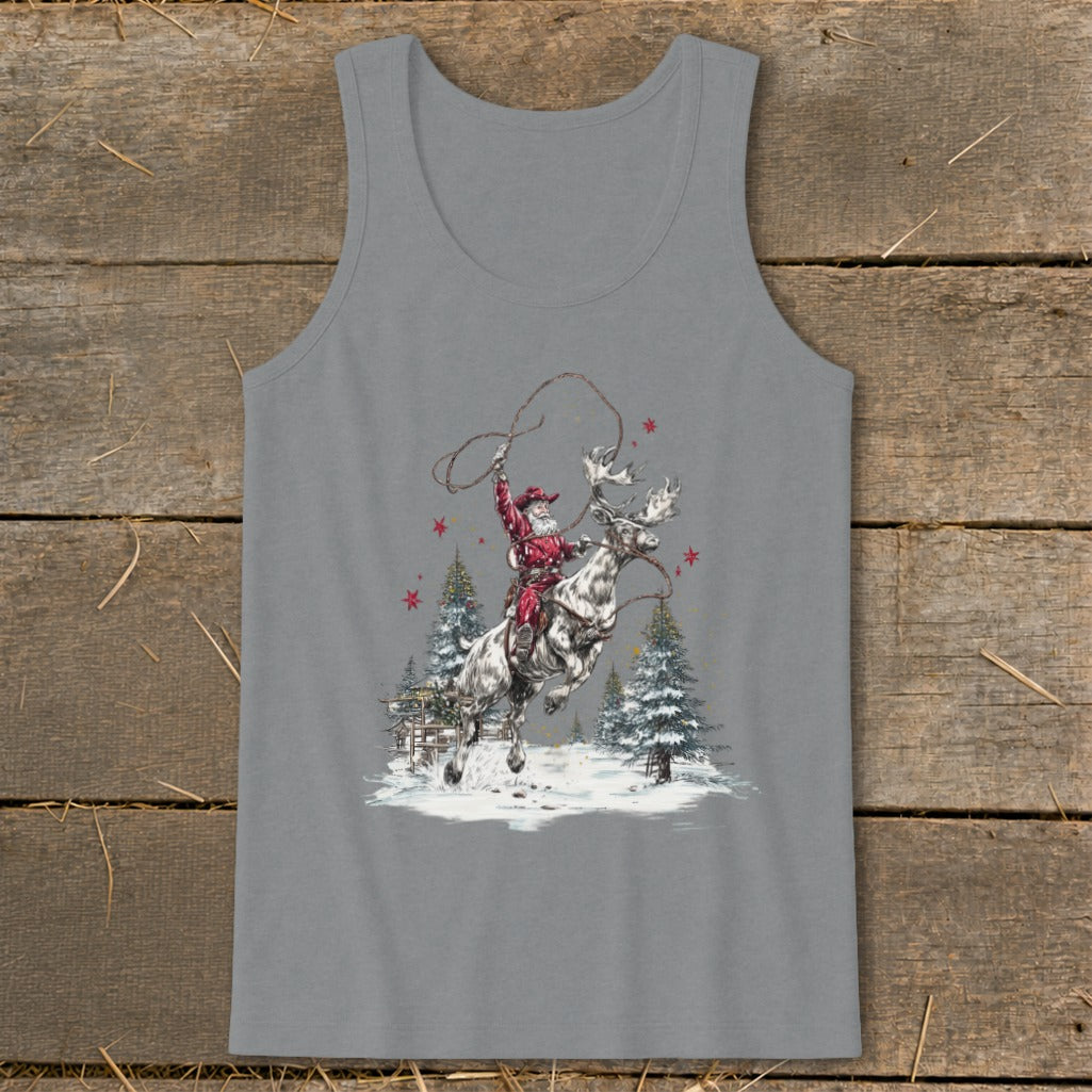 Santa Claus riding a reindeer while swinging a lasso in a snowy forest.