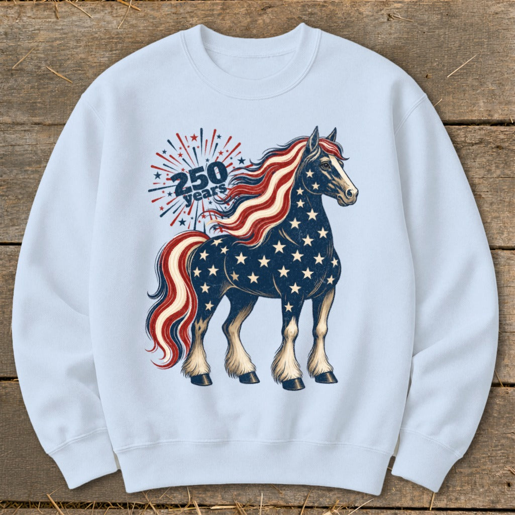 Horse with American flag mane and tail, stars on body, and "250 years" text.