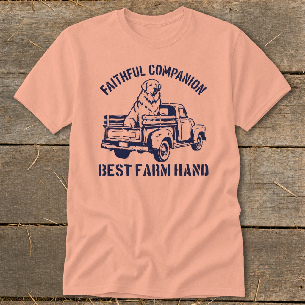Peach t-shirt with graphic of dog in truck and text "FAITHFUL COMPANION BEST FARM HAND".