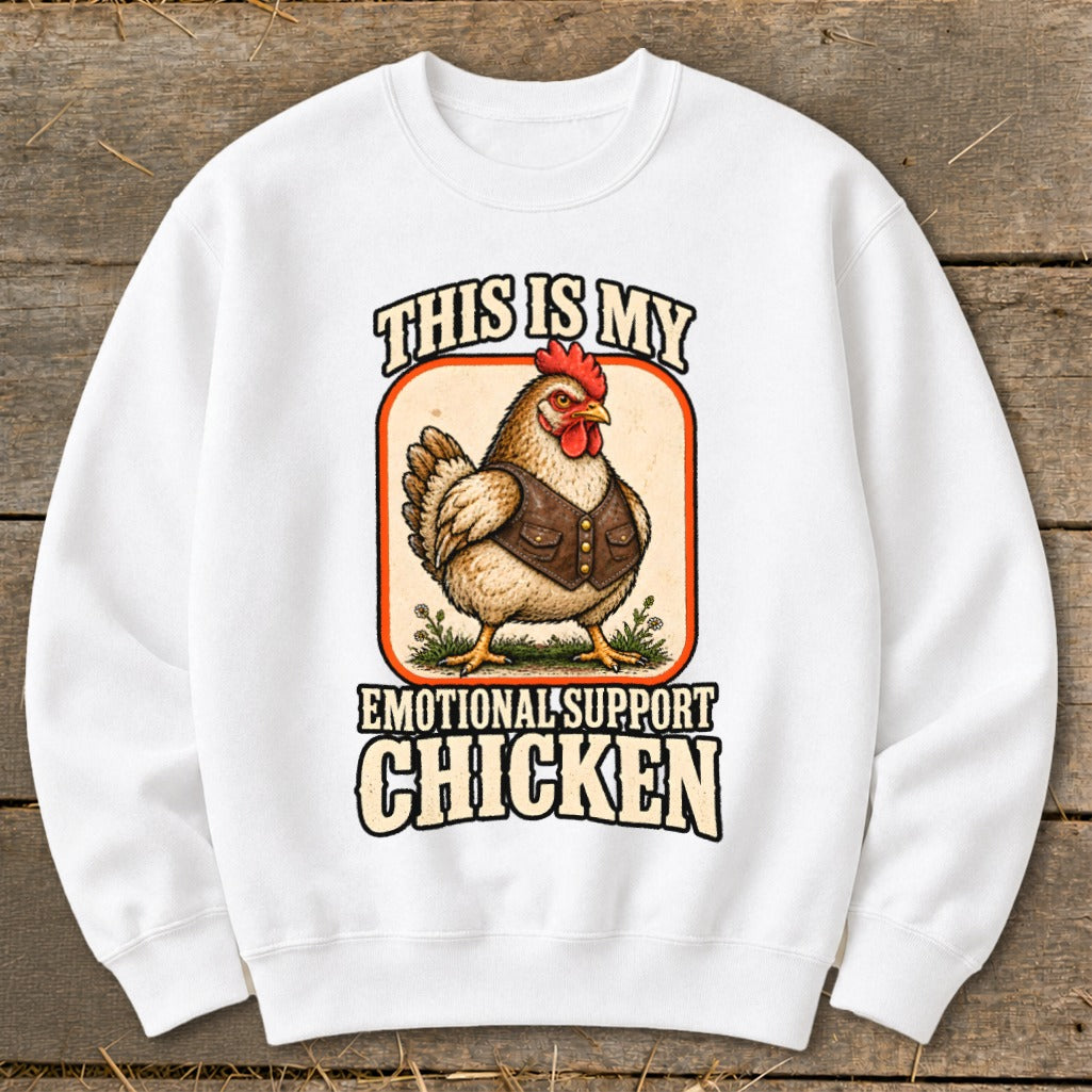 White sweatshirt with "This is my emotional support chicken" text and graphic.