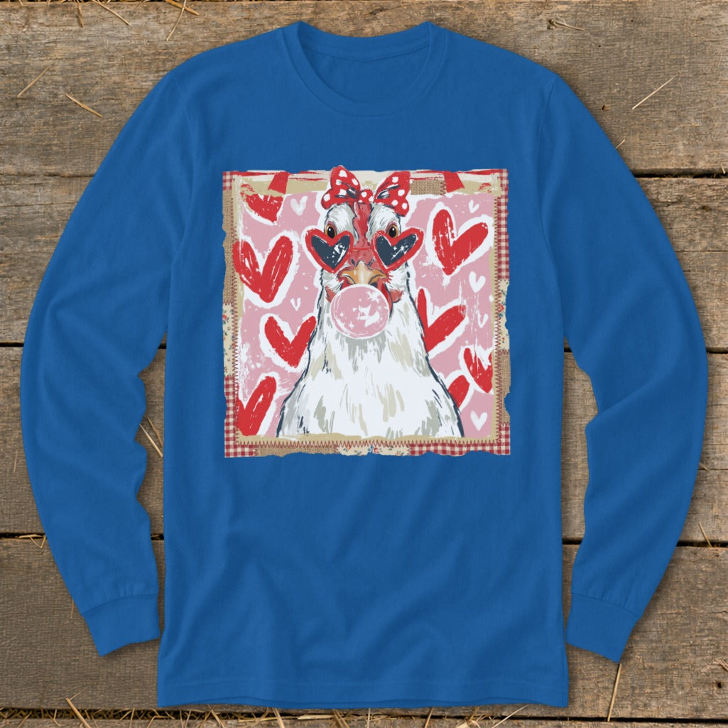 Long sleeve blue t-shirt with a graphic of a chicken wearing heart sunglasses blowing bubblegum.