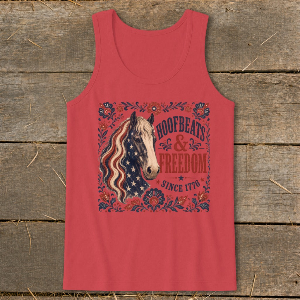 Red tank top with a horse head wearing the American flag and text "HOOFBEATS & FREEDOM SINCE 1776".