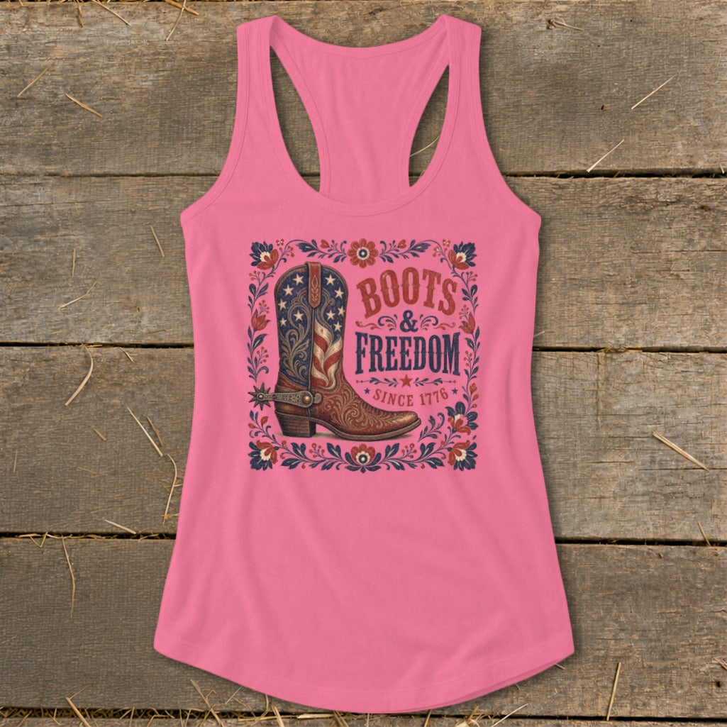 Pink tank top with "Boots & Freedom Since 1776" graphic featuring a patriotic cowboy boot.