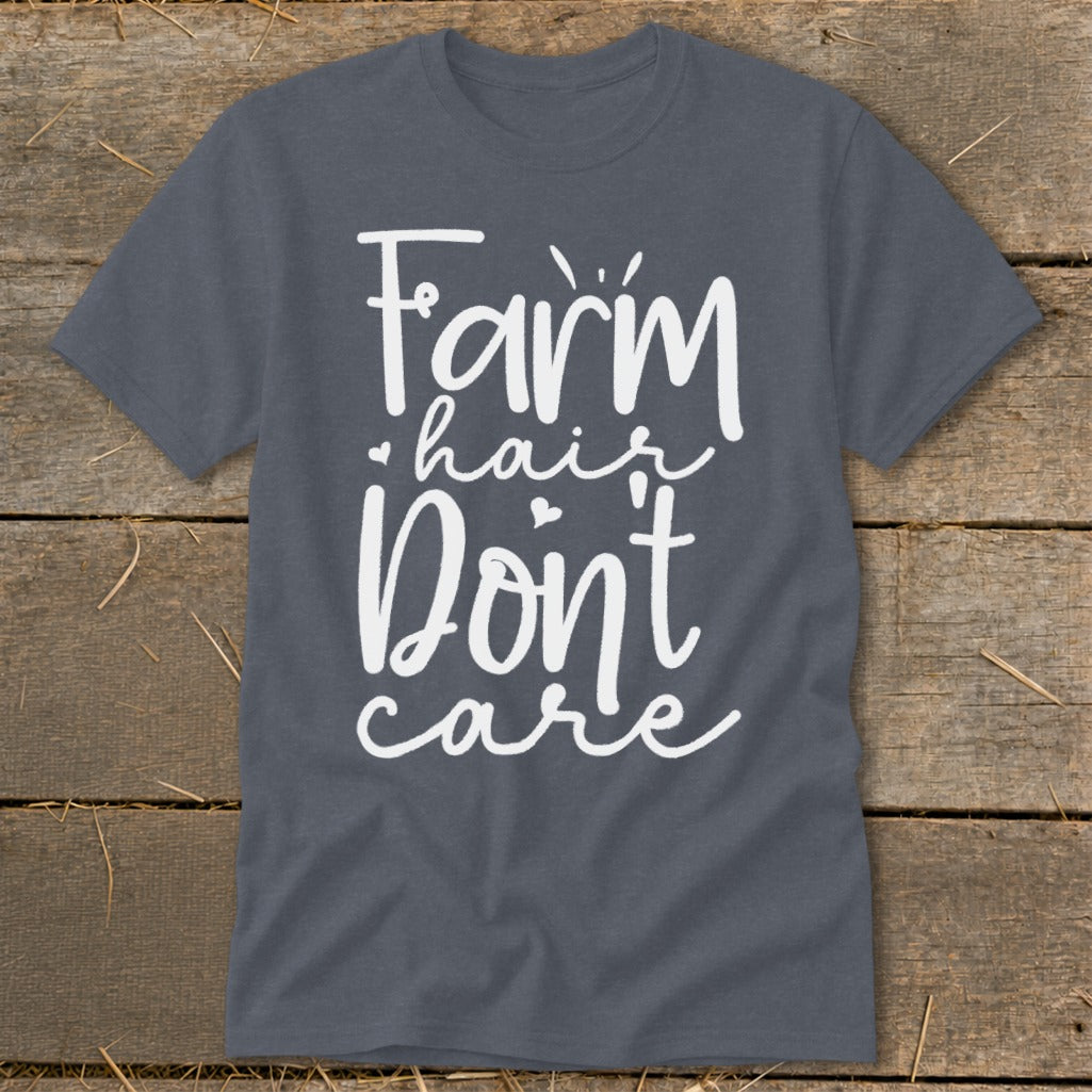 Dark grey t-shirt with white text "Farm hair Don't care."