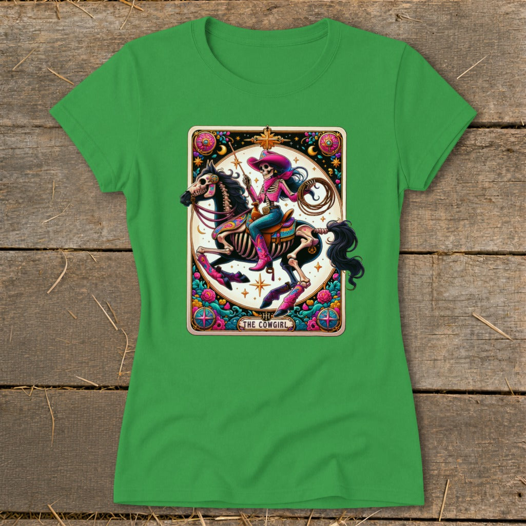 Skeleton cowgirl on a horse, with the text "THE COWGIRL" in a tarot card design.