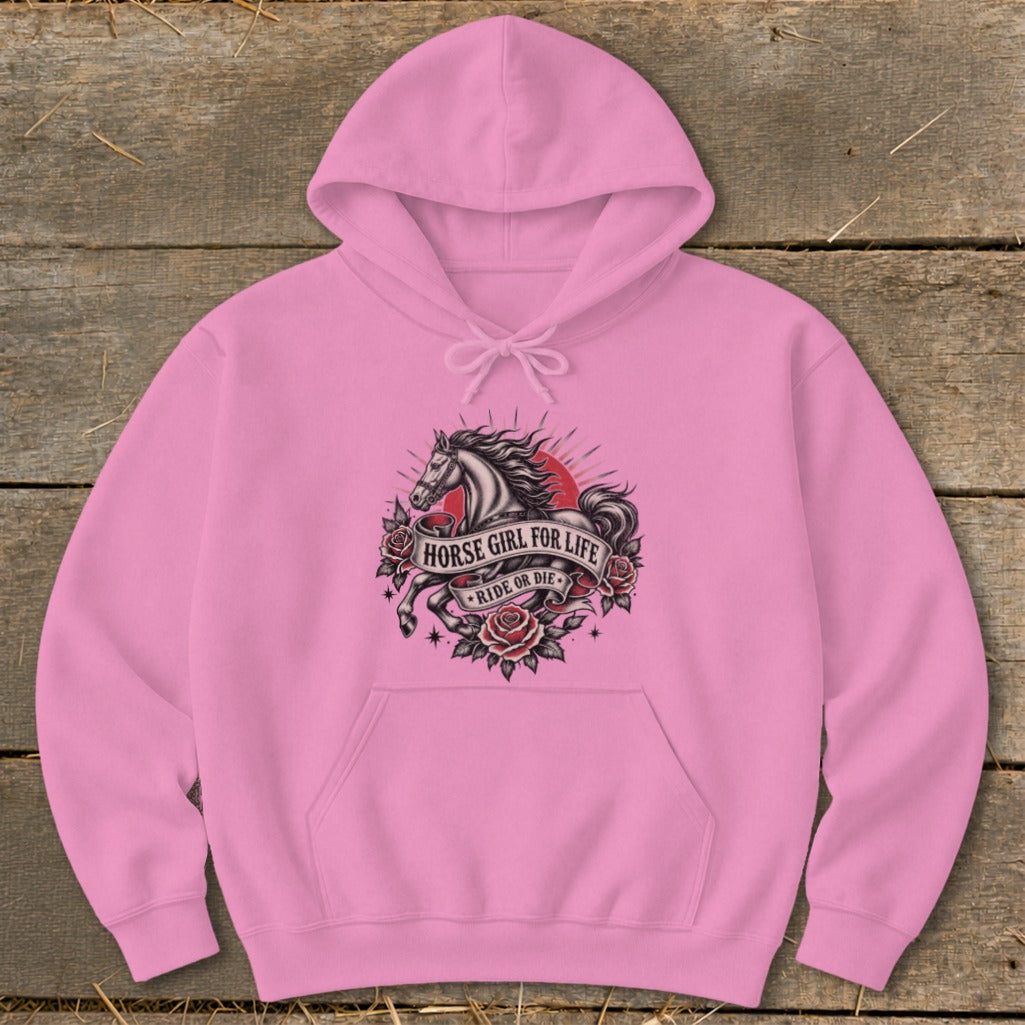 Pink hoodie with horse graphic and text "Horse Girl For Life, Ride Or Die."