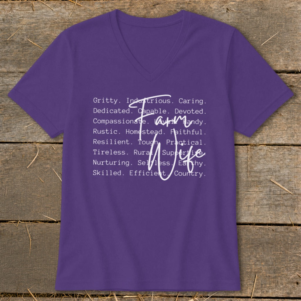 Purple v-neck t-shirt with "Farm Wife" text and descriptive words.