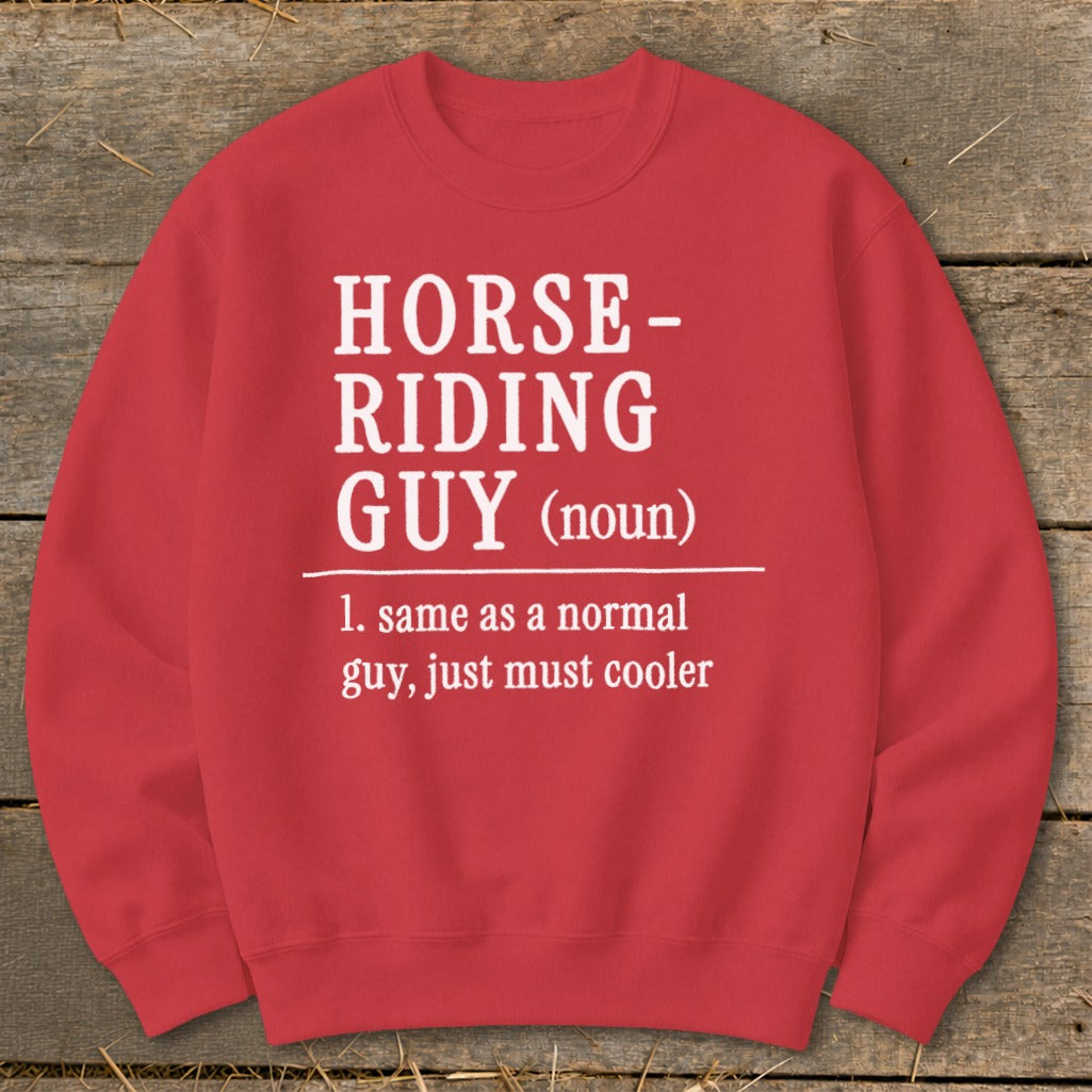 Red sweatshirt with text: HORSE-RIDING GUY (noun). 1. same as a normal guy, just must cooler.