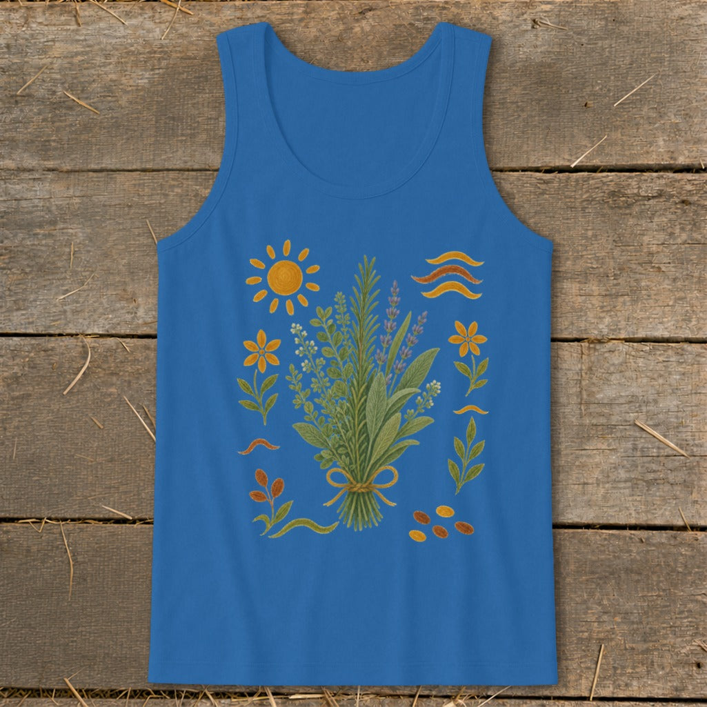 Blue tank top with a bouquet of herbs and floral graphic.