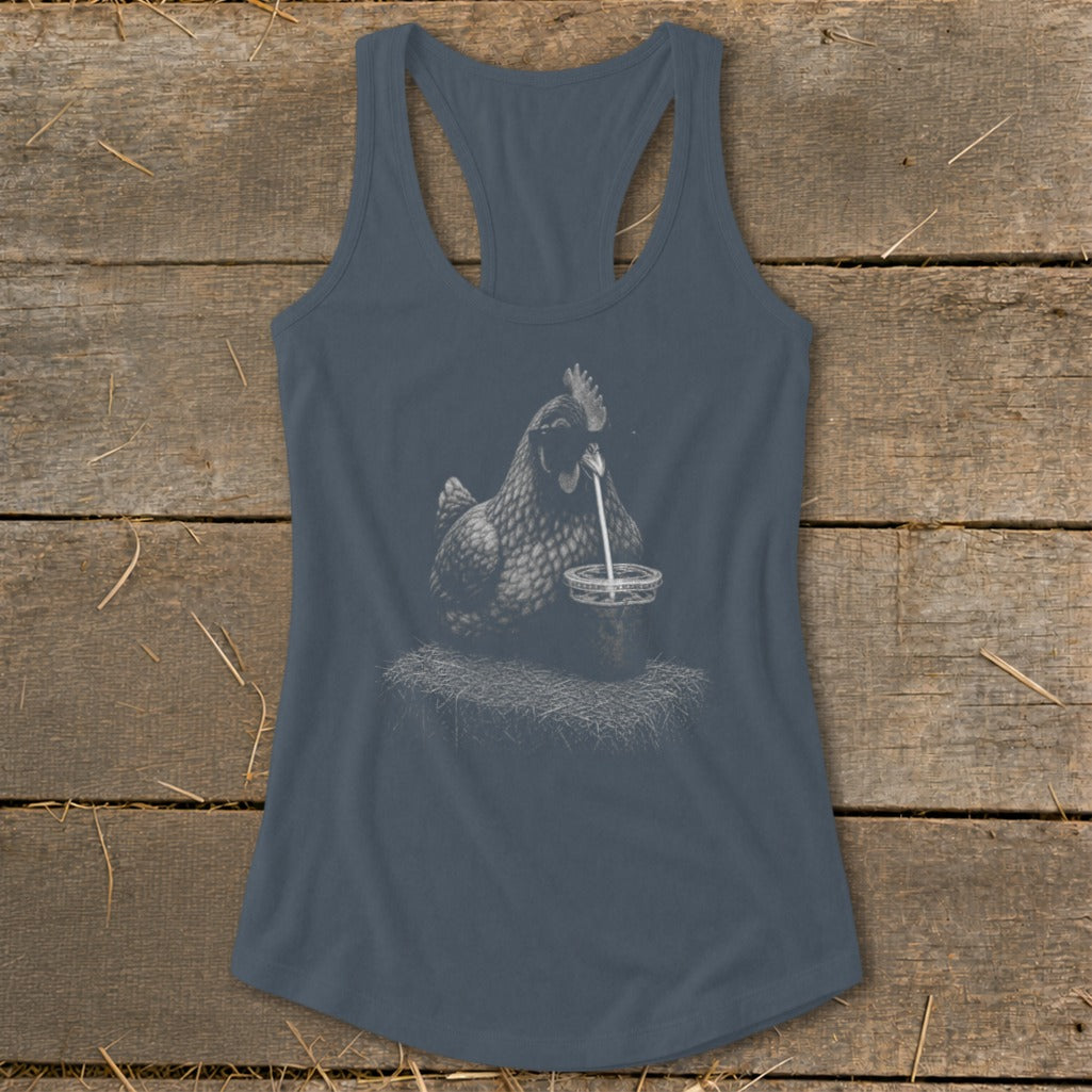 Chicken drinking from a jar with a straw on a tank top