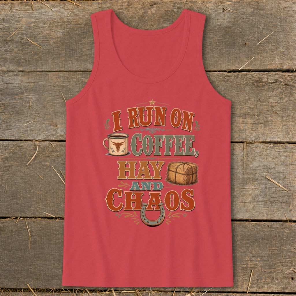Tank top with "I RUN ON COFFEE, HAY AND CHAOS" text and graphic.