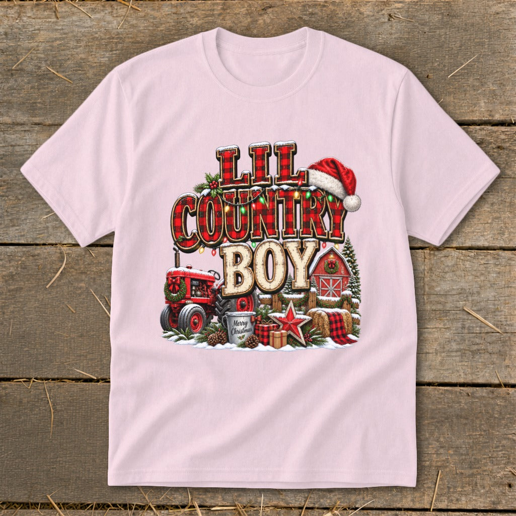 "Lil Country Boy" graphic with tractor, barn, Santa hat, and "Merry Christmas" message.