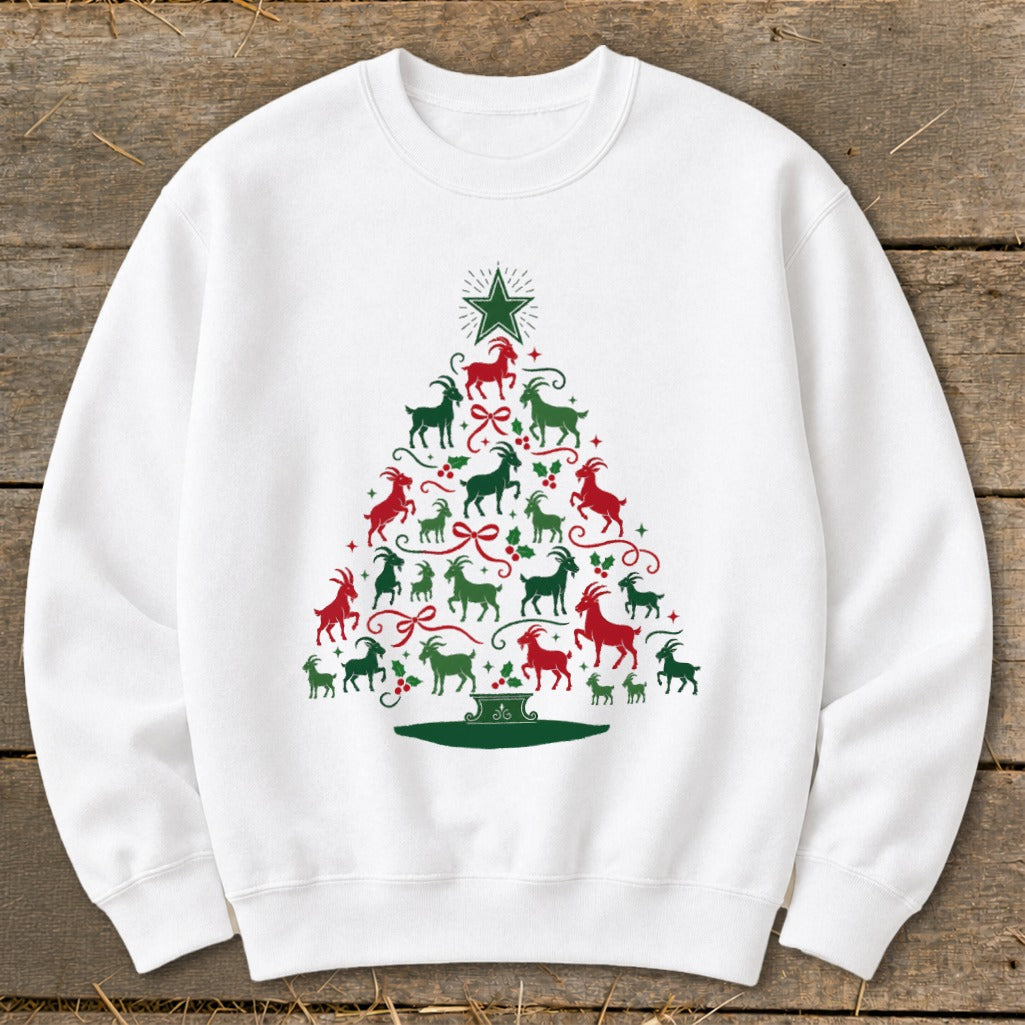 White sweatshirt with a Christmas tree made of red and green goats.