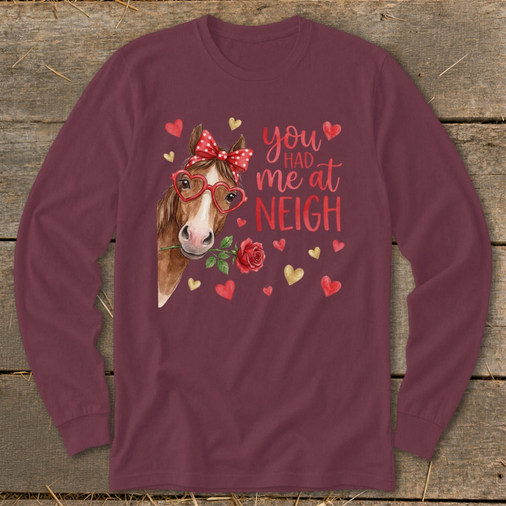 Horse with heart glasses and rose holding text "you had me at NEIGH."