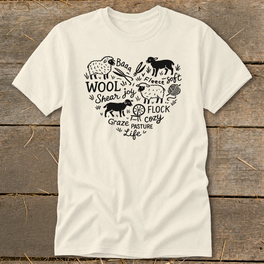 Cream t-shirt with black heart graphic of sheep, wool, and related text.