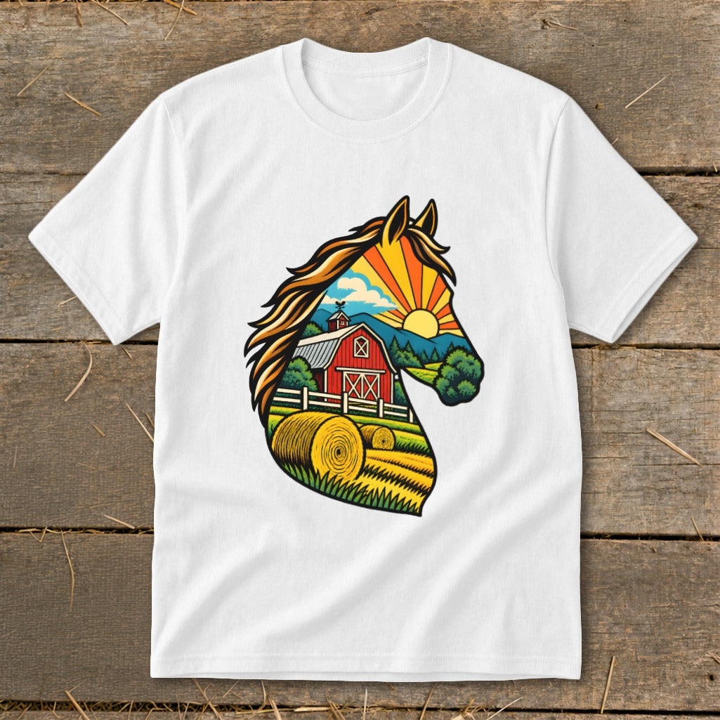 A white crewneck t-shirt featuring a colorful graphic of a horse head filled with a farm landscape.