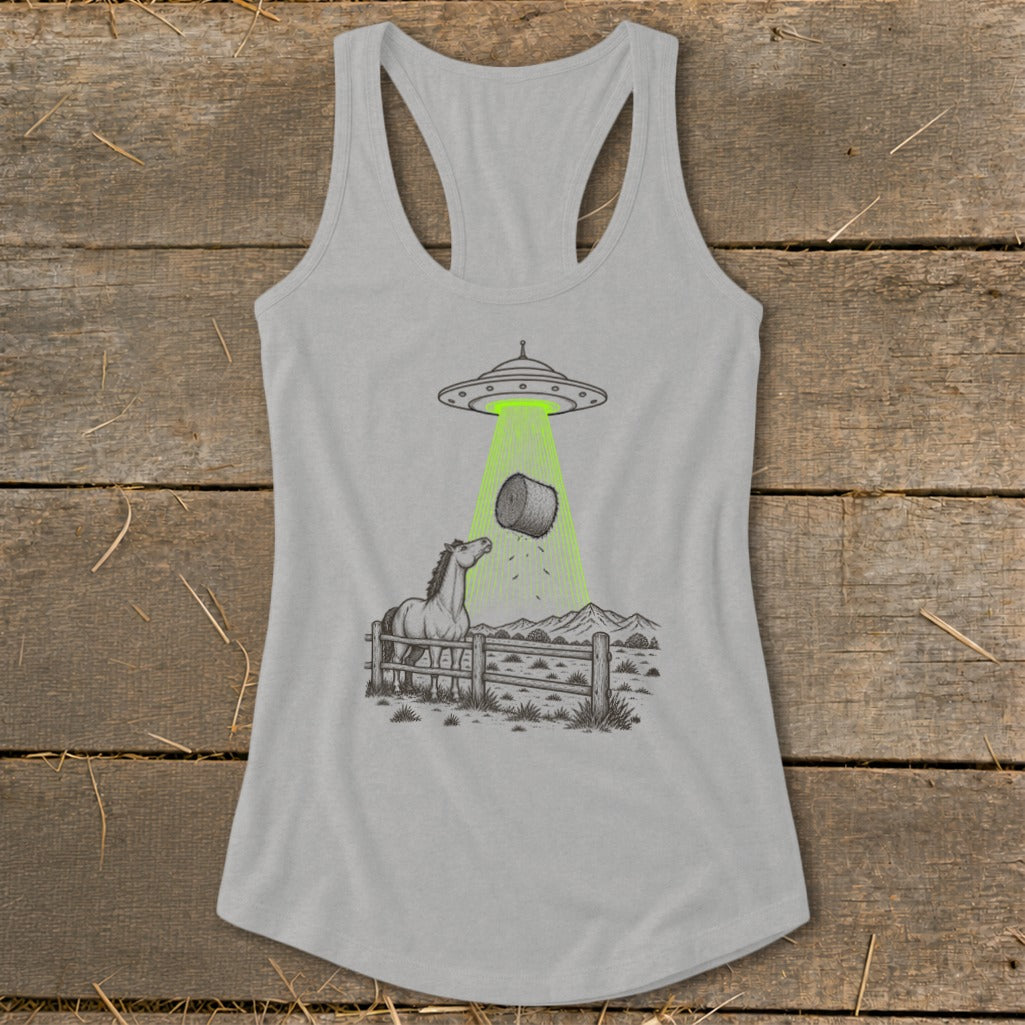 Grey tank top with a graphic of a UFO abducting a bale of hay above a horse and fence.