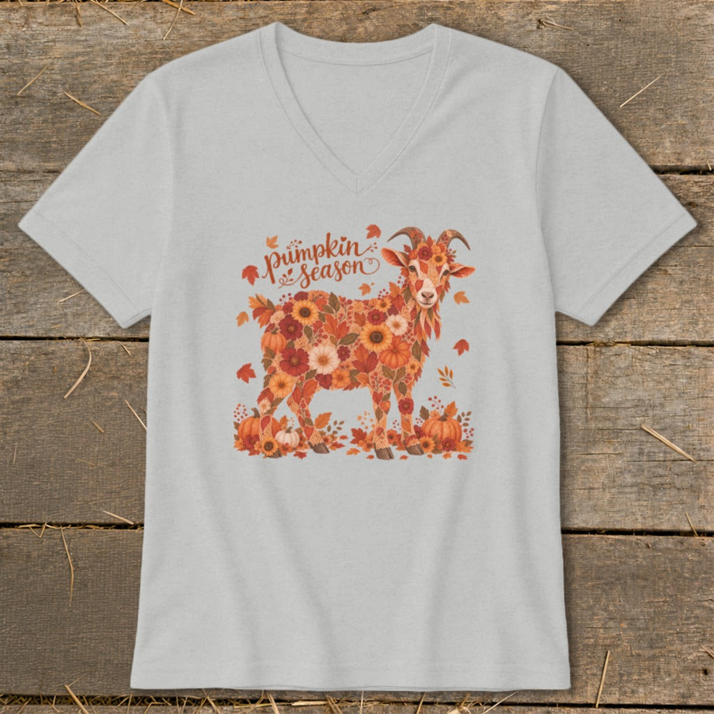 Light grey t-shirt with a floral goat graphic and "pumpkin season" text.