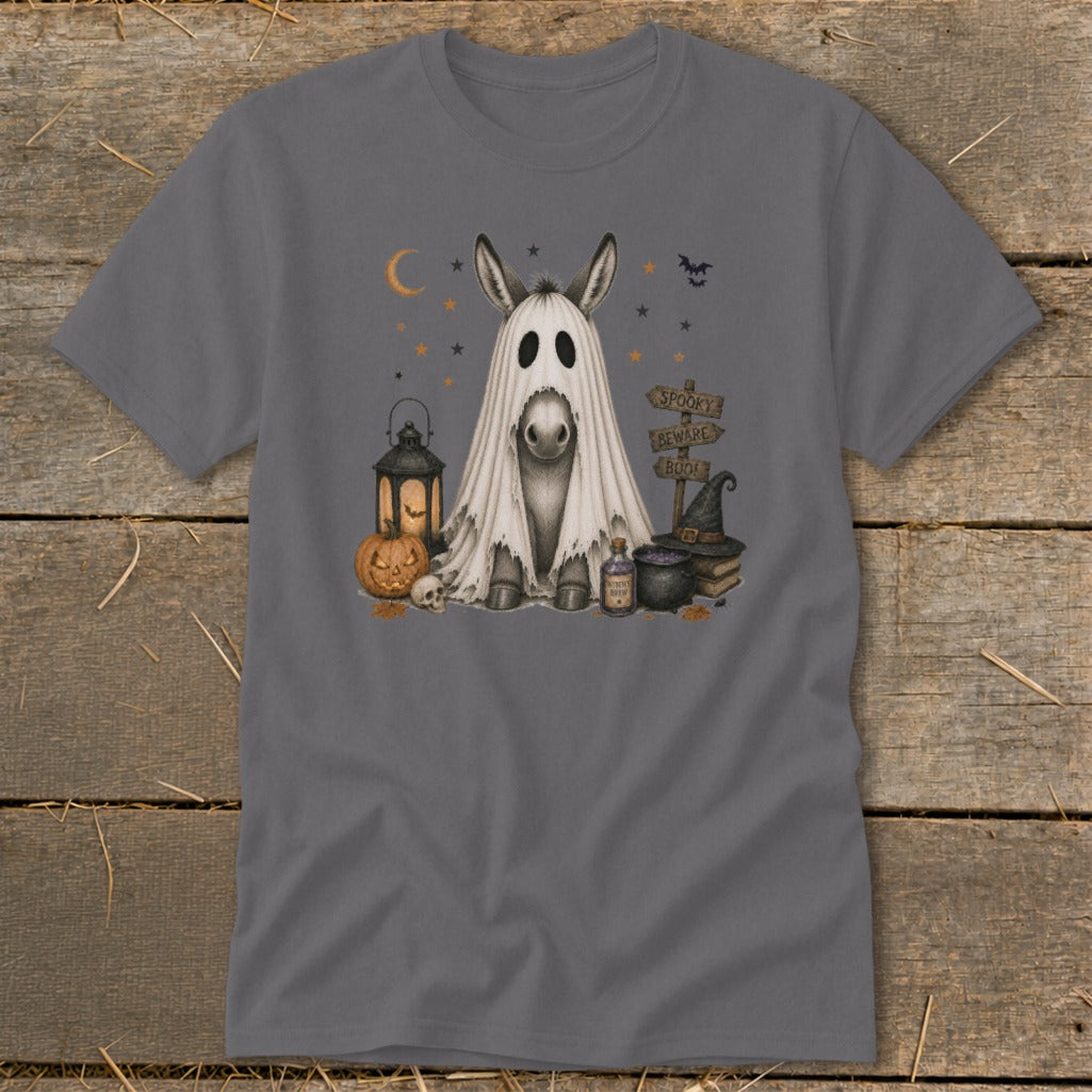 Donkey dressed as ghost with Halloween decorations and spooky sign.