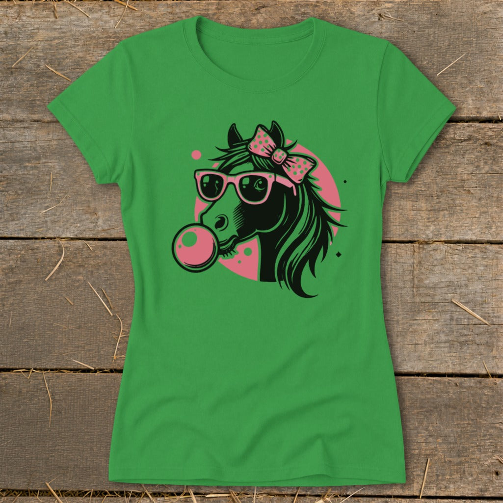 Green t-shirt with graphic of a horse wearing sunglasses and blowing a bubblegum bubble.