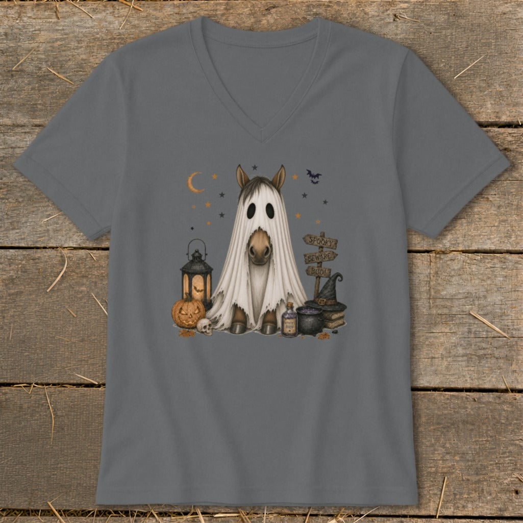 Horse in ghost costume with Halloween decorations, includes "SPOOKY" sign.