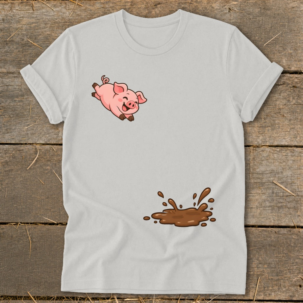 White t-shirt with cartoon pig jumping into a mud puddle graphic.