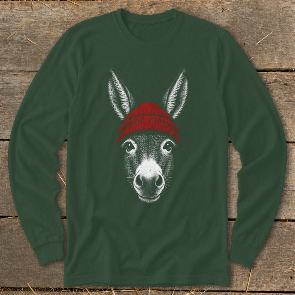 Dark green long-sleeve t-shirt featuring a white illustration of a donkey wearing a red beanie.