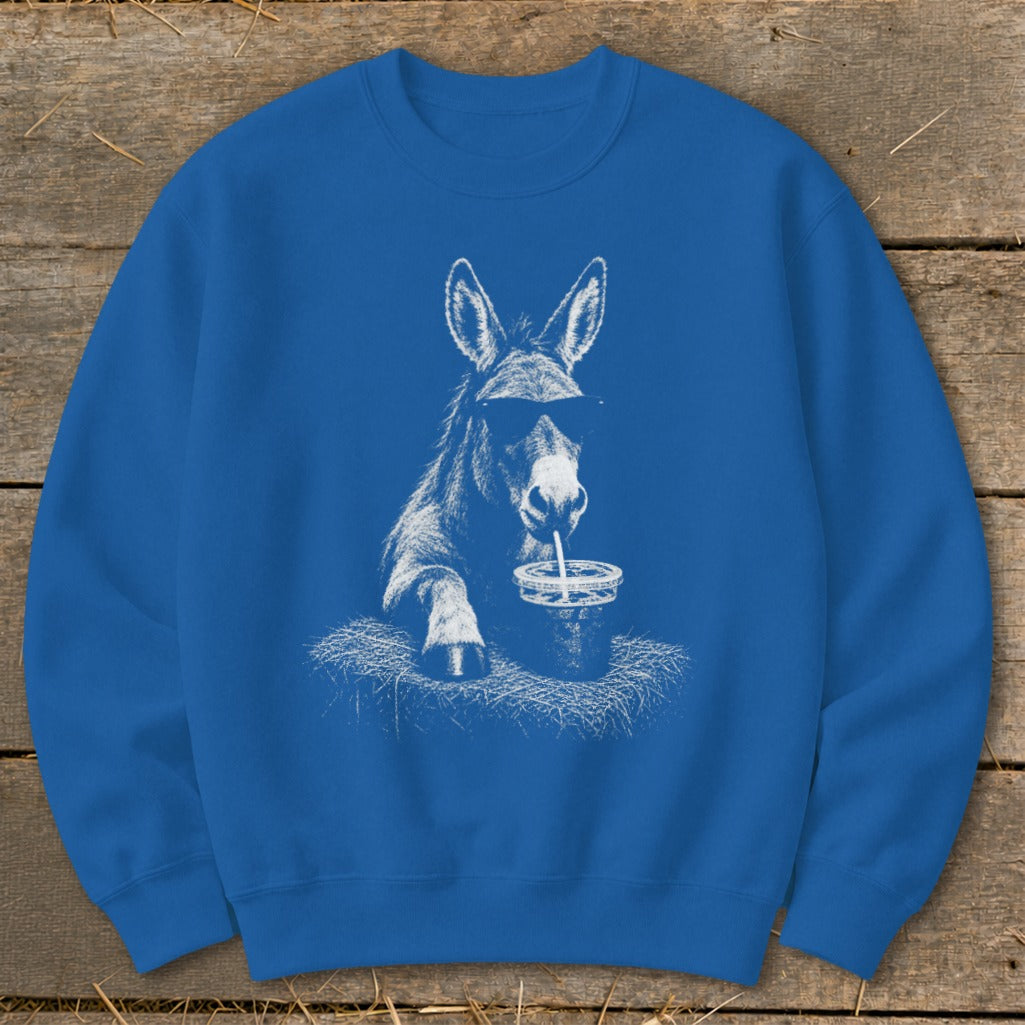 Blue sweatshirt with white graphic of a donkey wearing sunglasses drinking from a cup.
