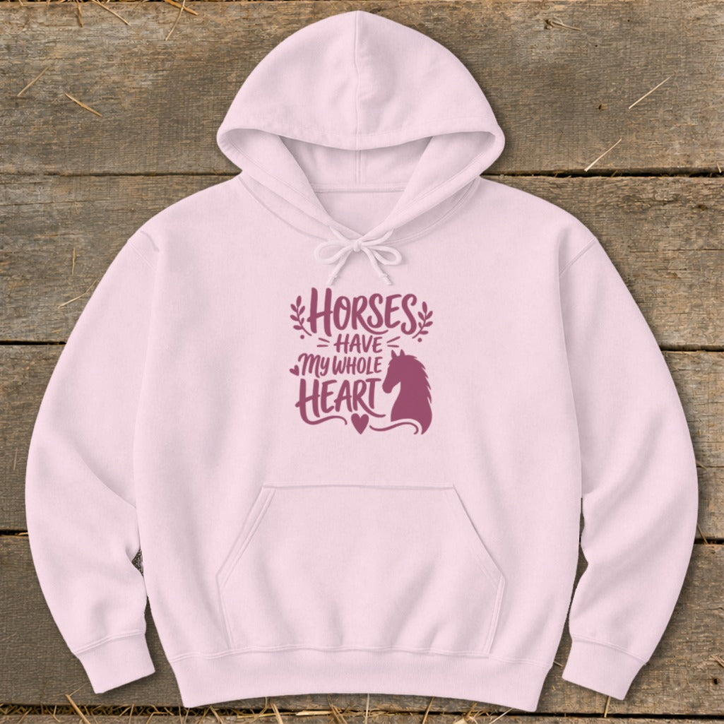 Pink hoodie with "Horses Have My Whole Heart" text and horse silhouette.