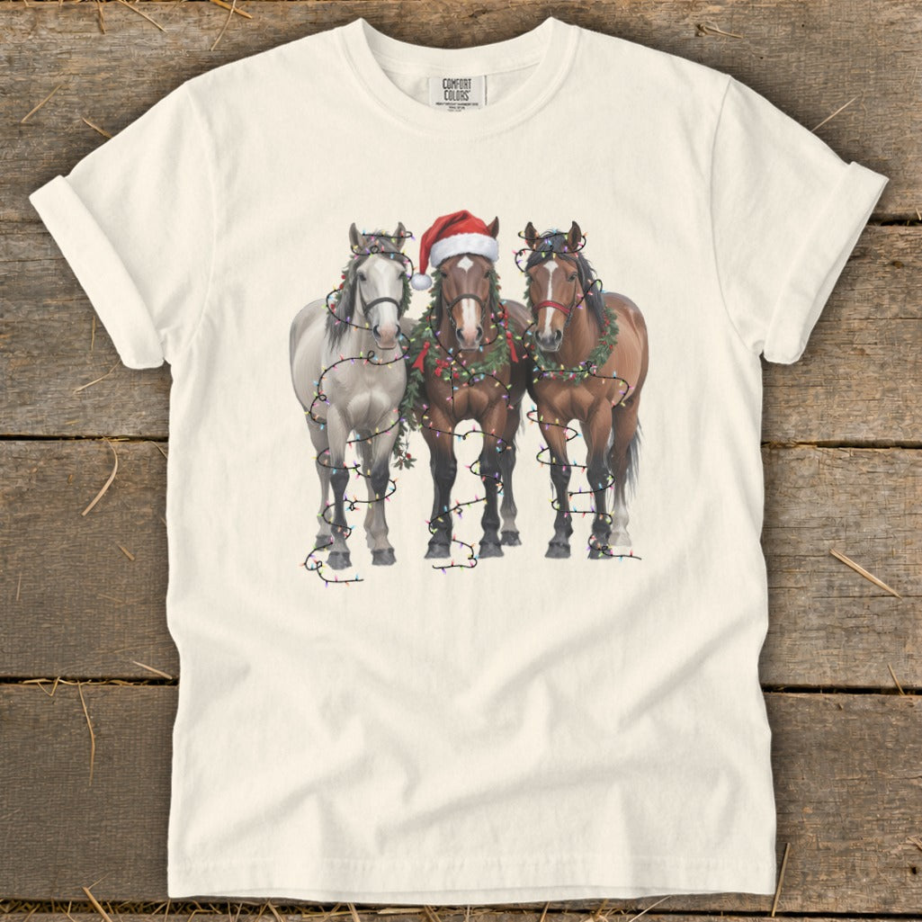 Three horses with Christmas lights and wreaths, one wearing a Santa hat.
