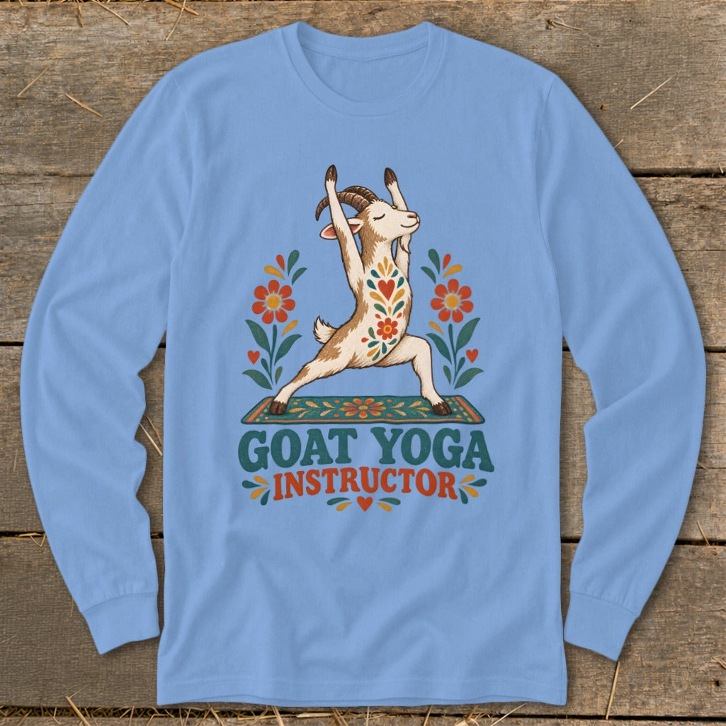 Light blue long sleeve shirt with a goat doing yoga and "GOAT YOGA INSTRUCTOR" text.