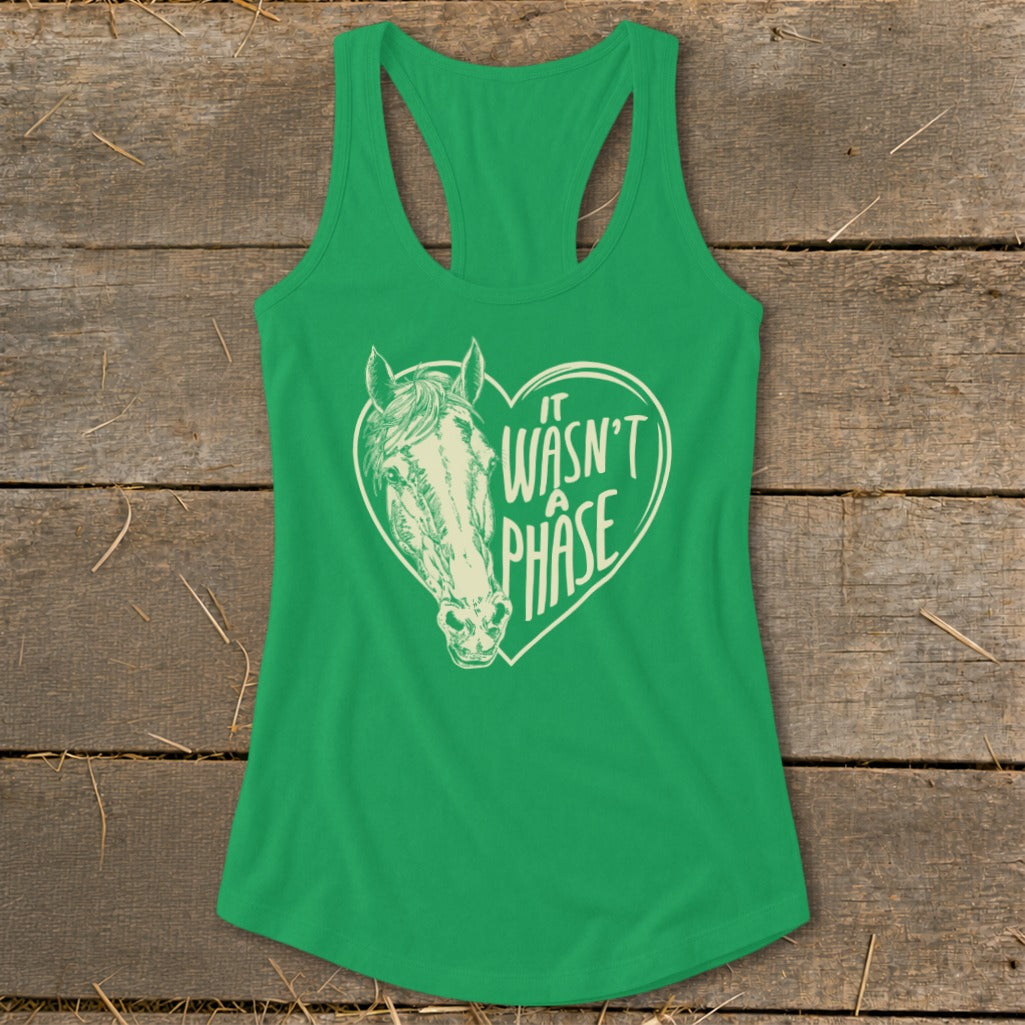 Green tank top with a white heart outline featuring a horse head and text.